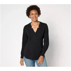 BEAUTIFUL  Lawrence Zarian Notched V-Neck Long Sleeve Knit Top Black 4X A661714